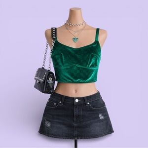 Colsie Emerald Green Velvet Checkered Crop Top Size Small Stretch Y2K Festival